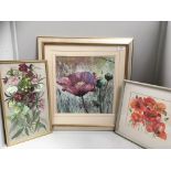 Susan M Ridyard, framed watercolour, Large pink poppy, 35cm x 34cm,