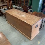 A large pine blanket box, the lift top split in to two sections,