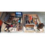 Contents to two trays, assorted tools including socket/wrench sets, hedge trimmers, saws, chisels,