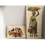 J Biferamunda, a batik from Uganda on canvas, woman going to market with baby and child,