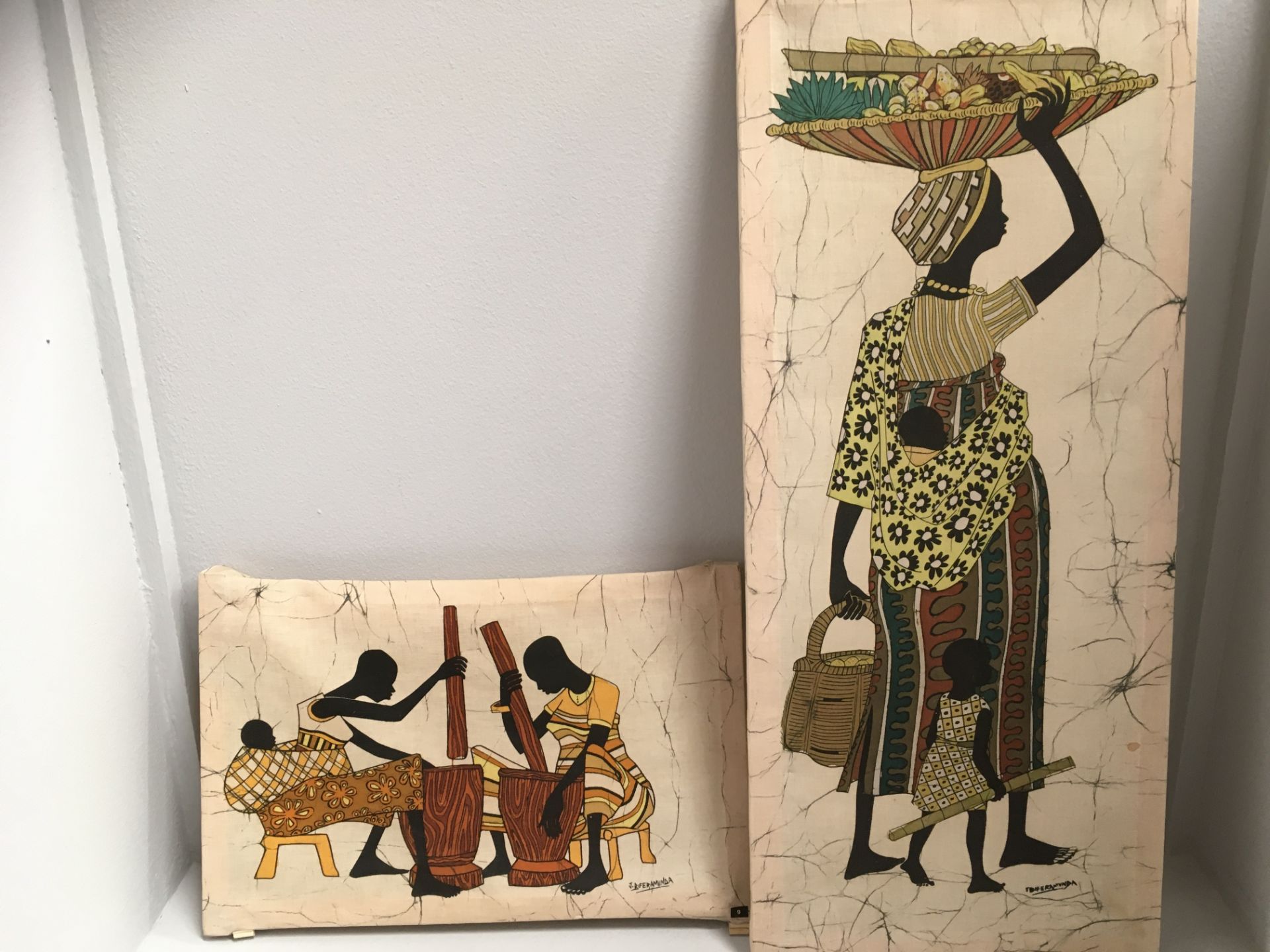 J Biferamunda, a batik from Uganda on canvas, woman going to market with baby and child,