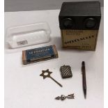 Contents to plastic tray, boxed Stereoscope, boxed Stereoscope film of Nice, silver vesta case,