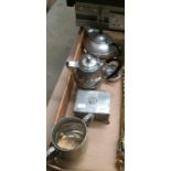 A Craftsman Sheffield pewter three piece tea service, pewter water pot,