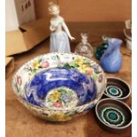 A Maling Newcastle blue floral glazed bowl, a Nao figurine,