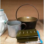 Brass jam pan, galvanised milk jug,