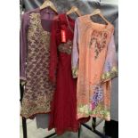 Three three-piece outfits in orange and purple pattern, size L, ref with beaded detail,