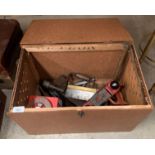 Wooden tool box and contents, Rapier 400 Gateshead metal plane, a brace and bit,