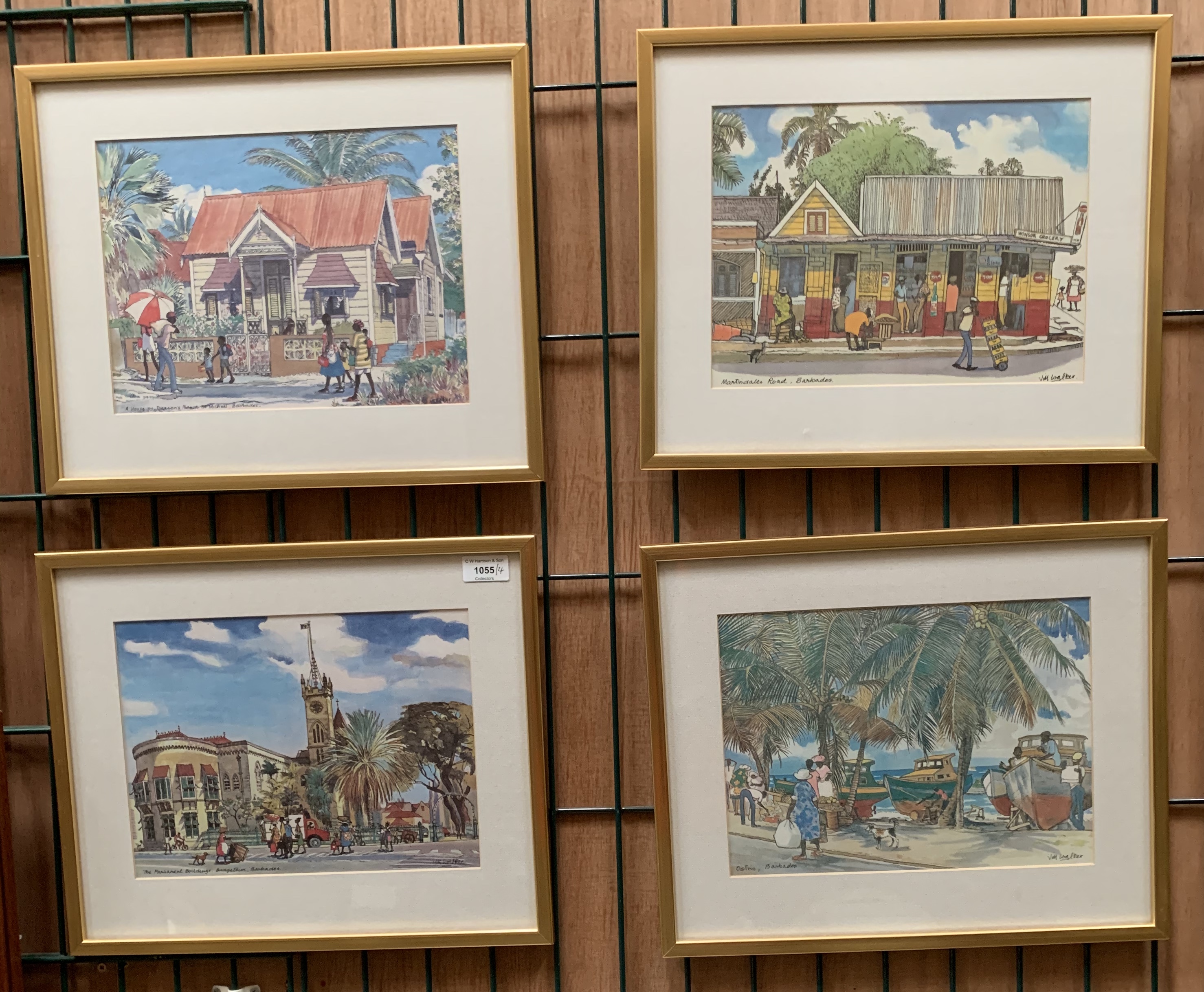 Jill Walker, four small framed colourful prints of Barbadian scenes,