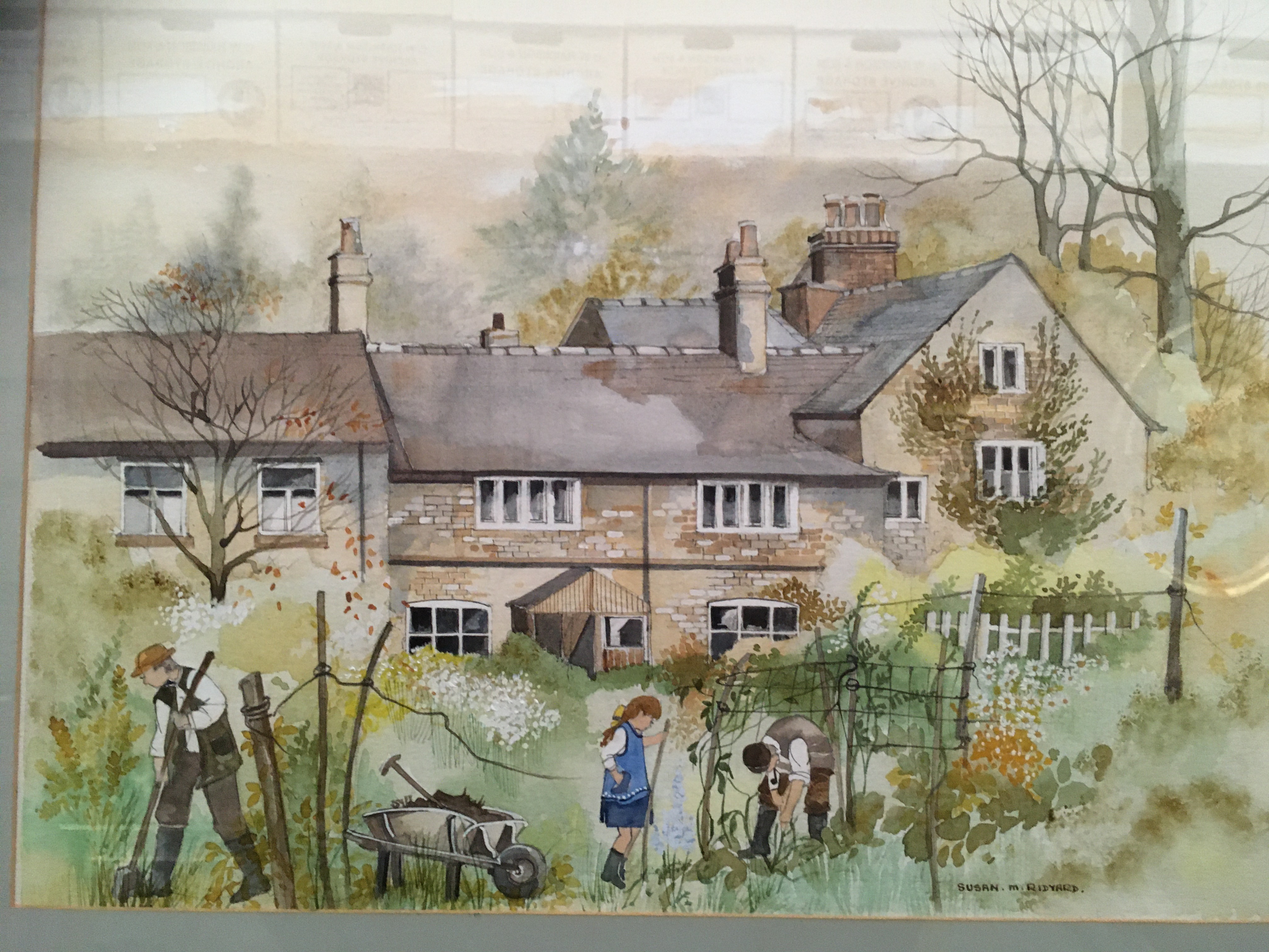 Susan M Ridyard, framed watercolour, Lotherton Cottages, 33cm x 43cm,