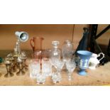 Remaining contents to shelf, glass decanters and glasses, vase, bowl, small table lamp,