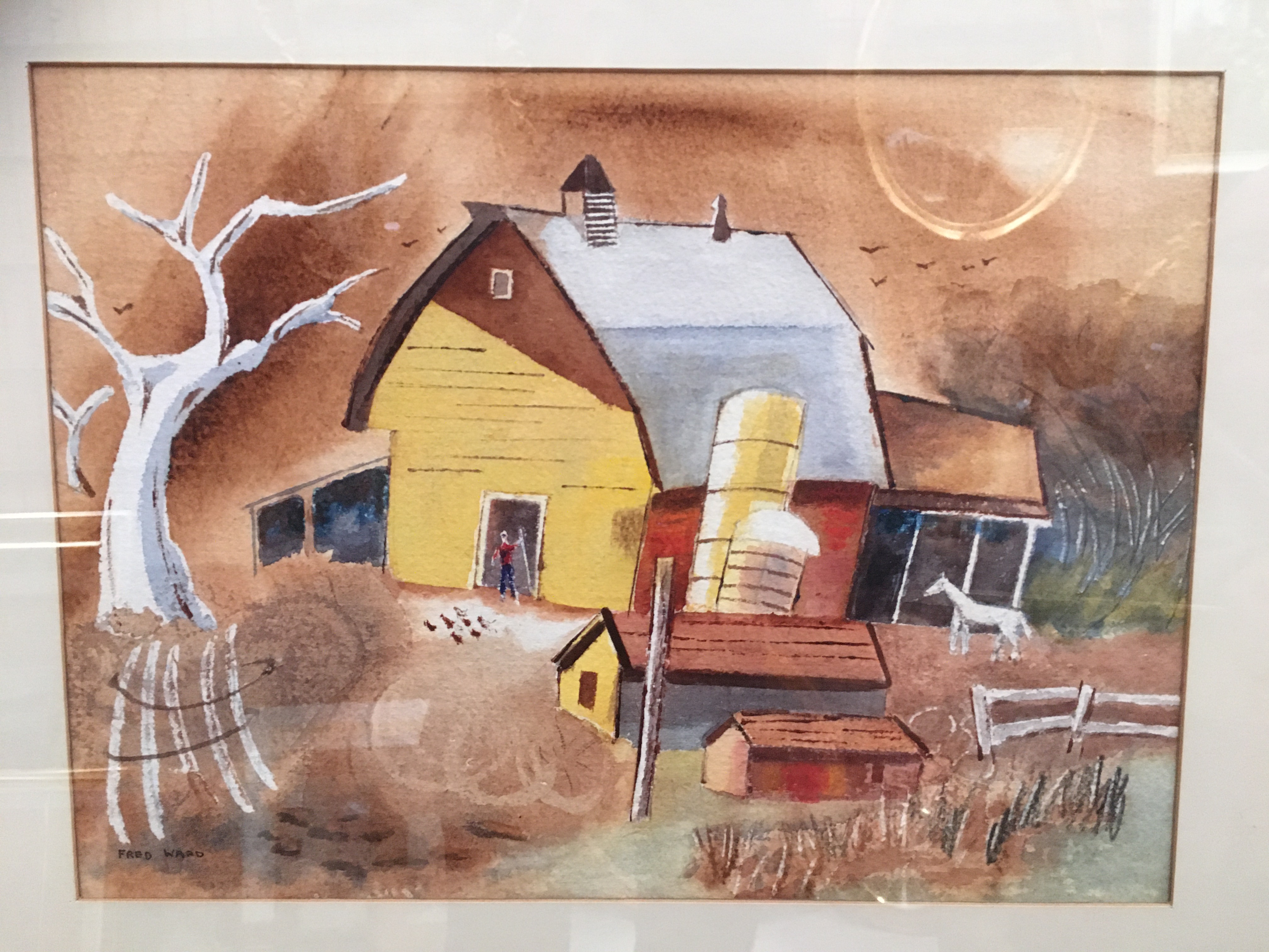 Fred Ward, framed pastel and watercolour, Barn and Farmyard scene, 26cm x 34cm,