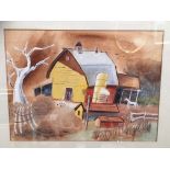 Fred Ward, framed pastel and watercolour, Barn and Farmyard scene, 26cm x 34cm,