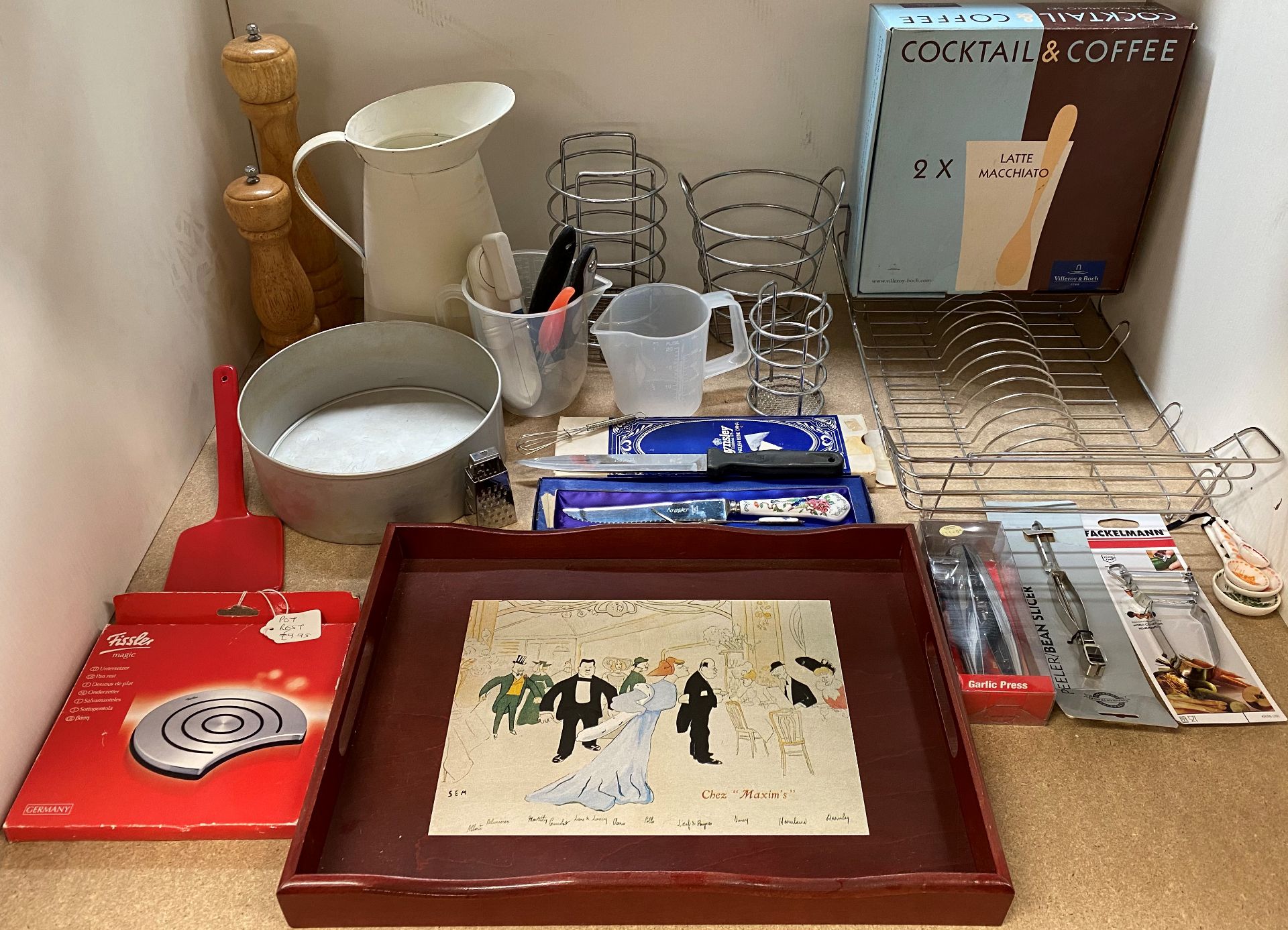 Kitchenalia including wood salt and pepper pot, enamel jug, cocktail and coffee set, etc.