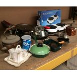 A Cookworks double boiling ring, a coffee grinder, scales, various manual mincers, brass kettle,