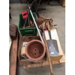 Contents to pallet, garden and hand tools, jemmy, brass blow torch, oil cans, saw, rake, spades,