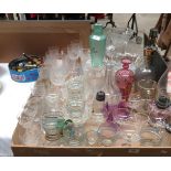 Contents to tray, glassware including two decanters, Babycham glasses, wine and spirit glasses,