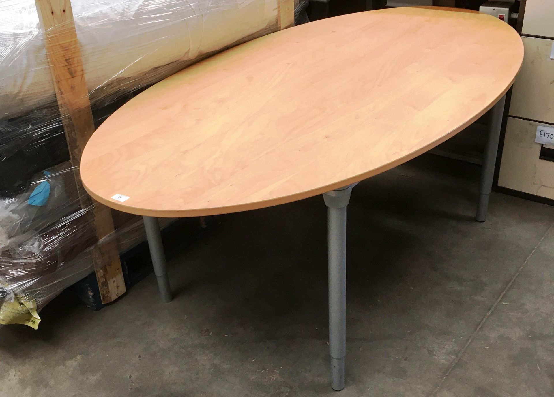 Pine finish oval office table 100 x 180cm on grey metal legs