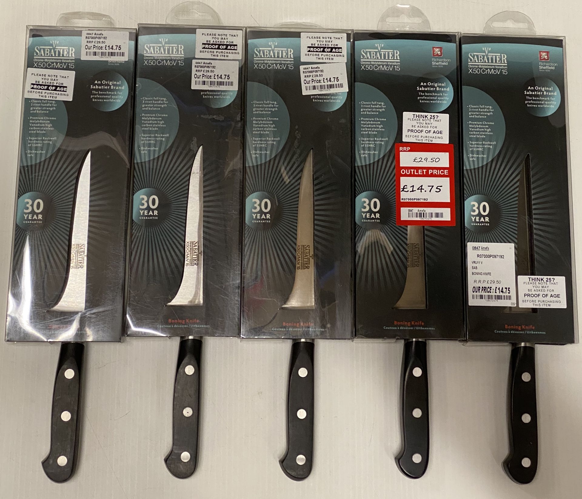 5 x Richardson Sheffield 'V' Sabatier X50 CrMoV 15 stainless steel boning knives RRP £29.