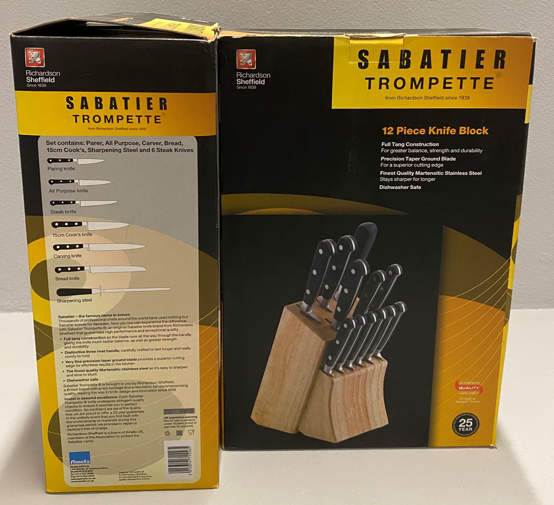 2 x Richardson Sheffield Sabatier Trompette stainless steel 12 piece knife block set RRP £312.