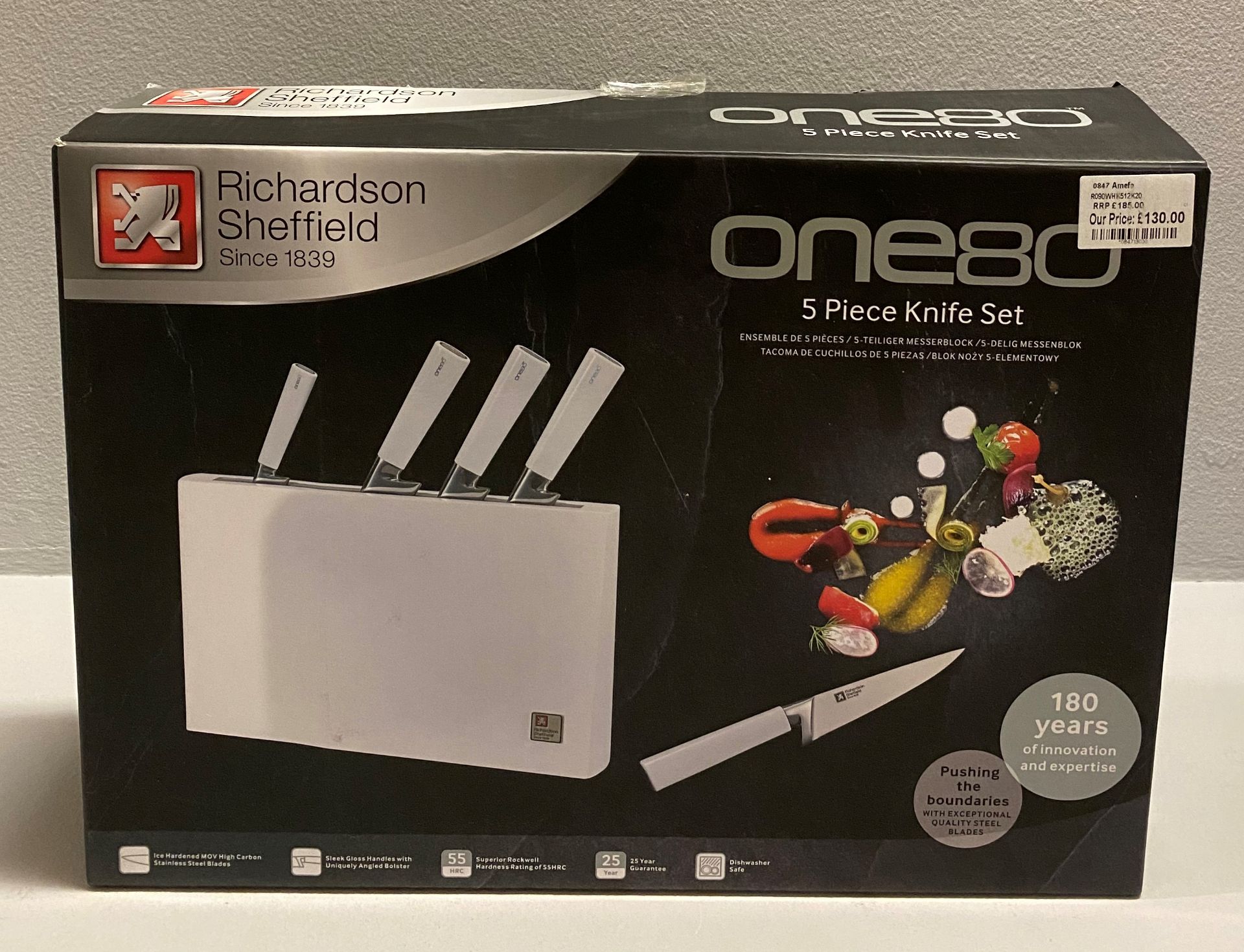 A Richardson Sheffield ONE80 5 piece stainless steel knife block set RRP £185.