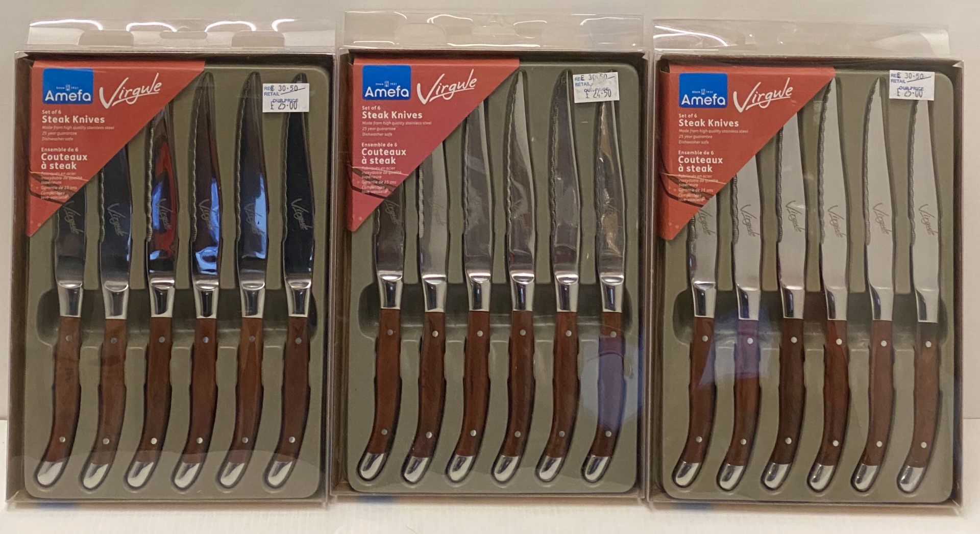 3 x Amefa Virgule sets of 6 brown handled steak knives RRP £30.