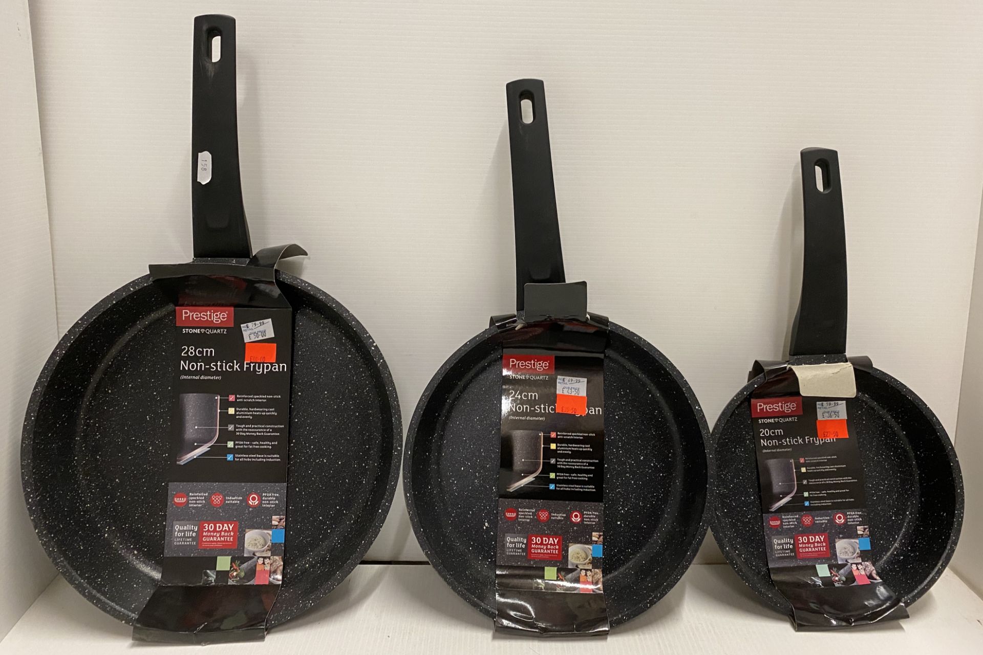 3 x Prestige Stone Quartz non-stick frying pans 28cm/24cm/20cm RRP £210.