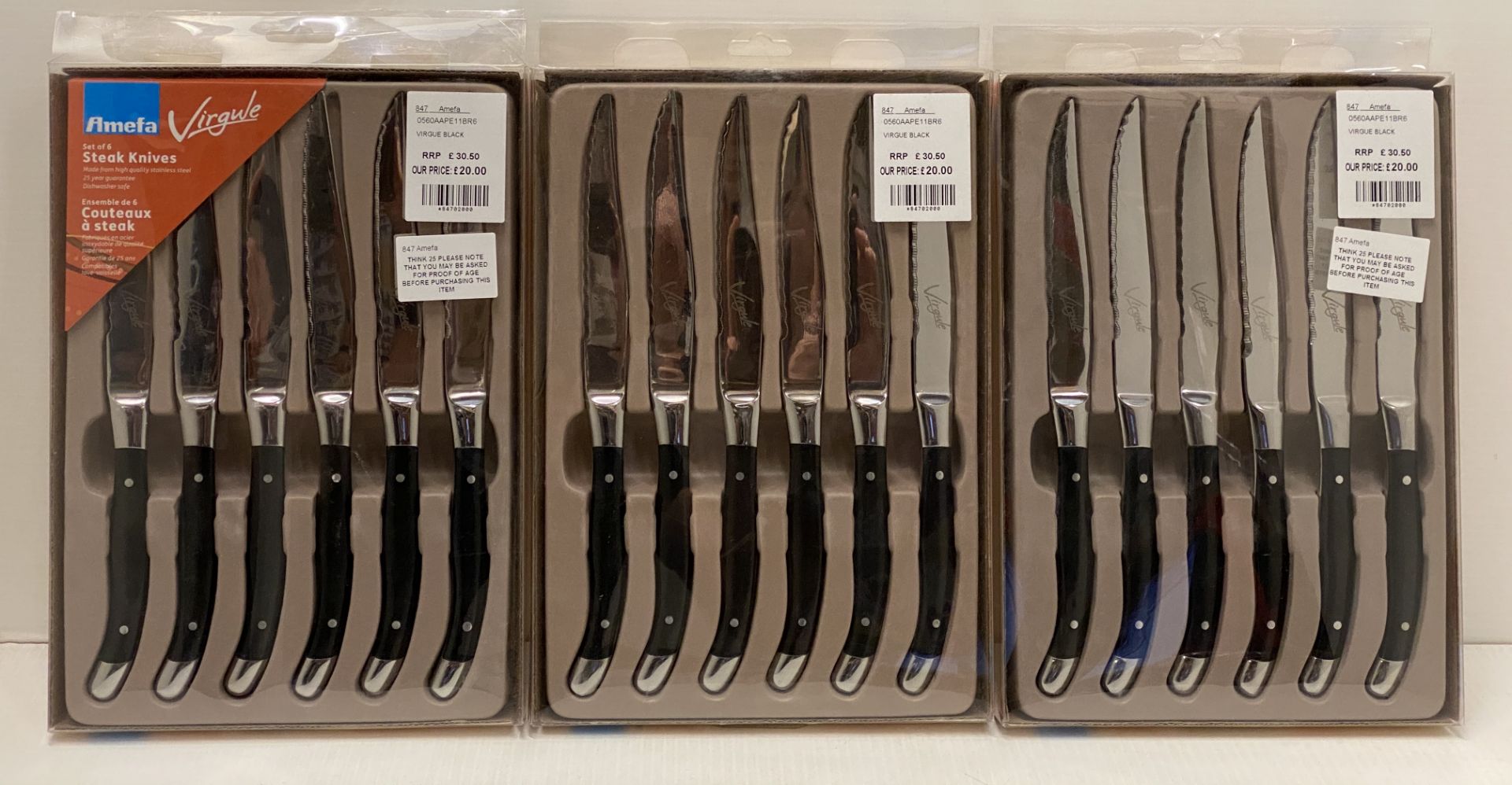 3 x Amefa Virgule sets of 6 black handled steak knives RRP £30.