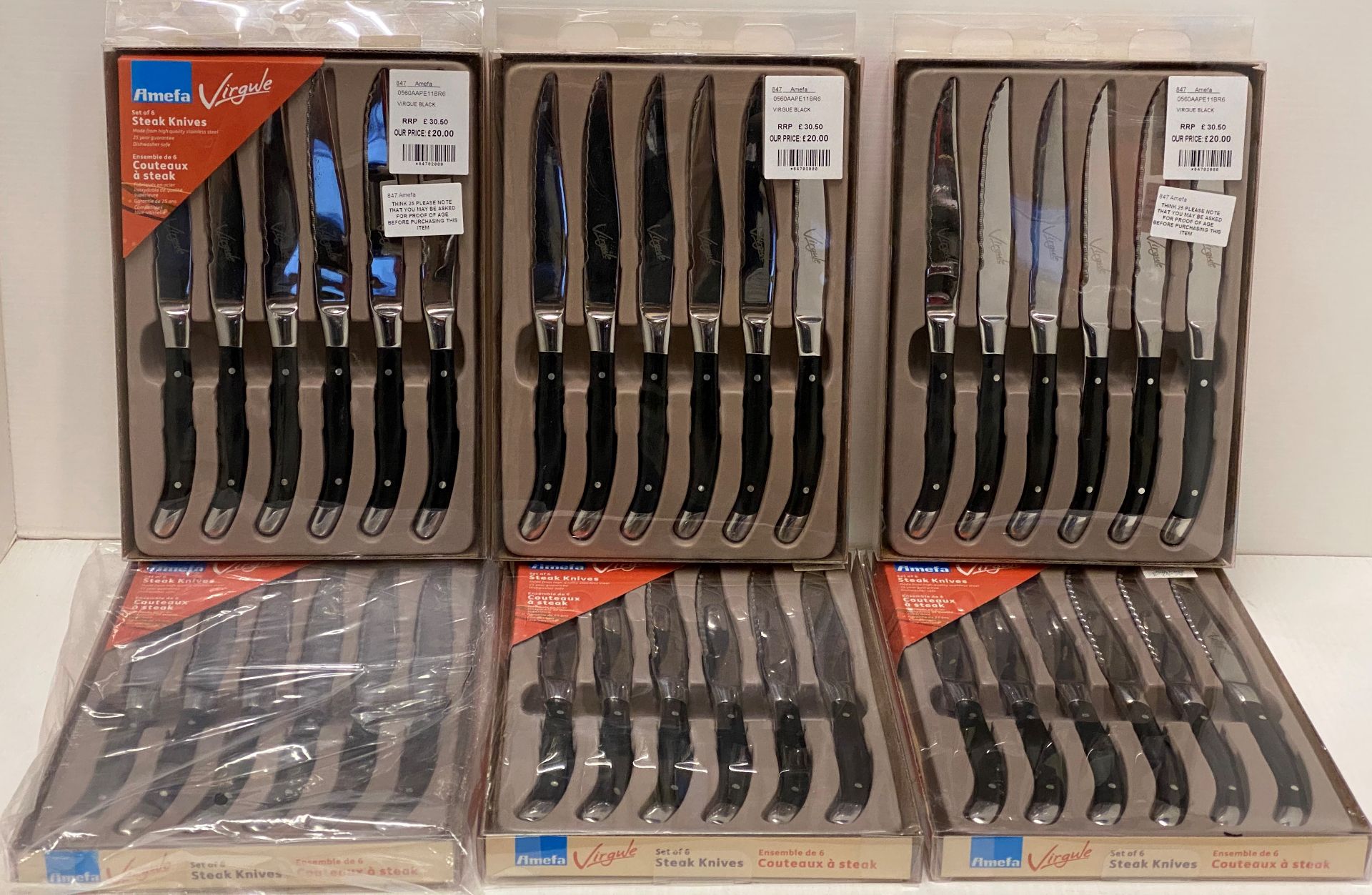 6 x Amefa Virgule sets of 6 black handled steak knives RRP £30.