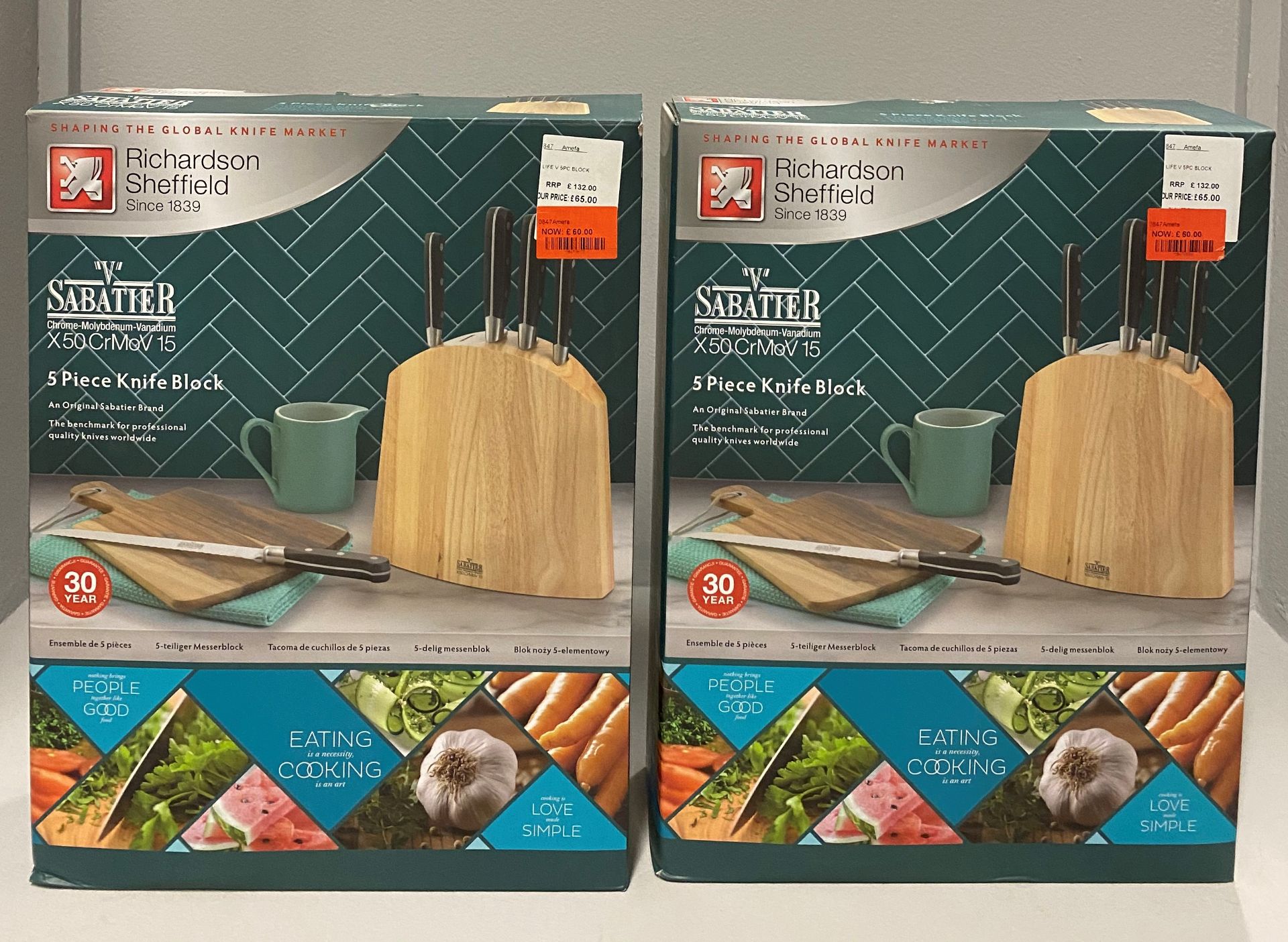 2 x Richardson Sheffield 'V' Sabatier X50 CrMoV 15 stainless steel 5 piece knife block sets RRP