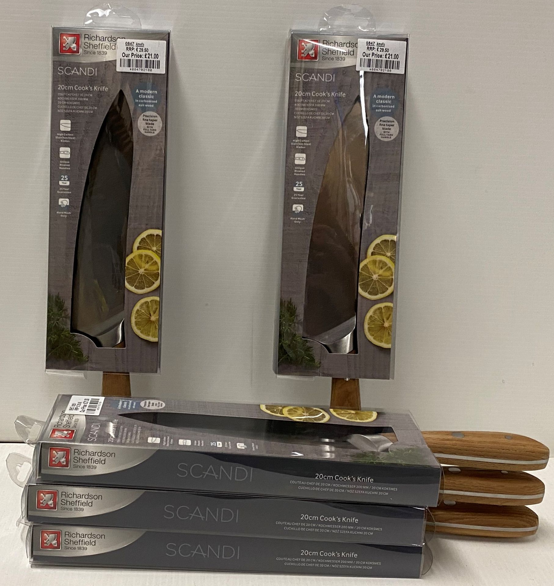5 x Richardson Sheffield Scandi stainless steel 20cm cook's knives RRP £29.