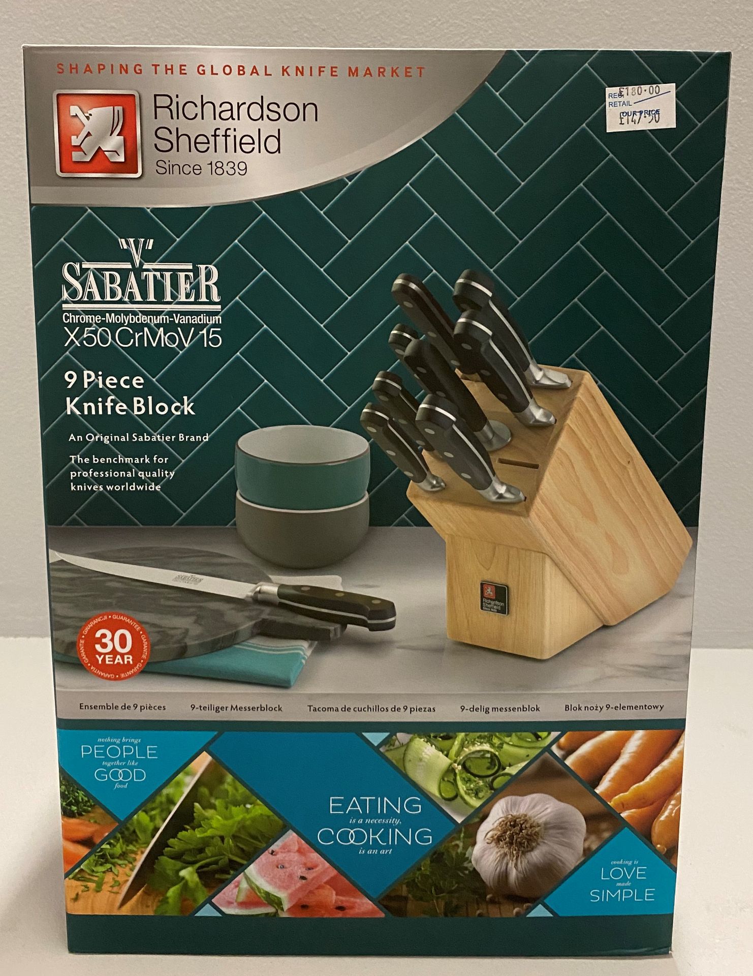 A Richardson Sheffield 'V' Sabatier X50 CrMoV 15 stainless steel 9 piece knife block set RRP £180.