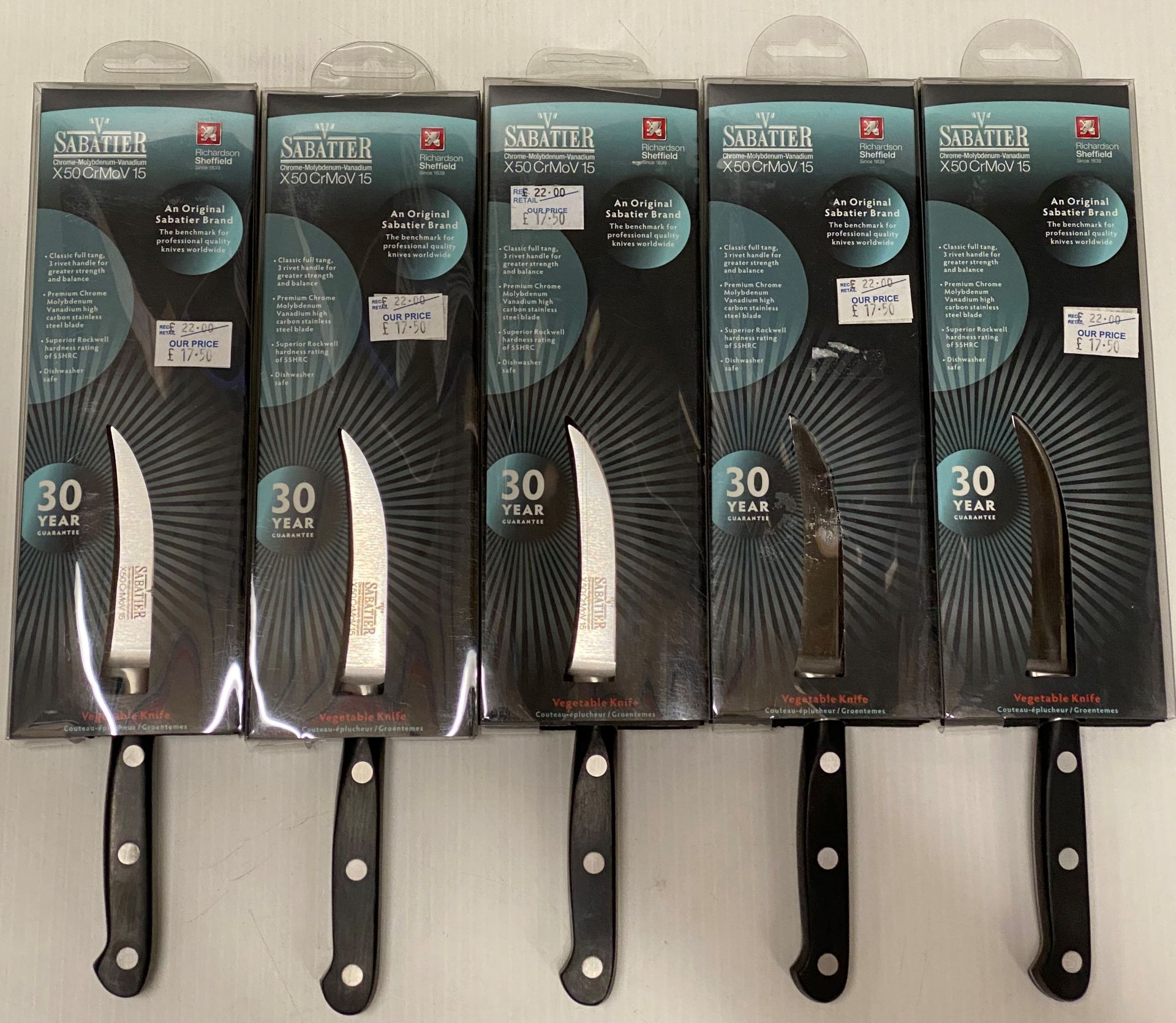 5 x Richardson Sheffield 'V' Sabatier X50 CrMoV 15 stainless steel vegetable knives RRP £22.