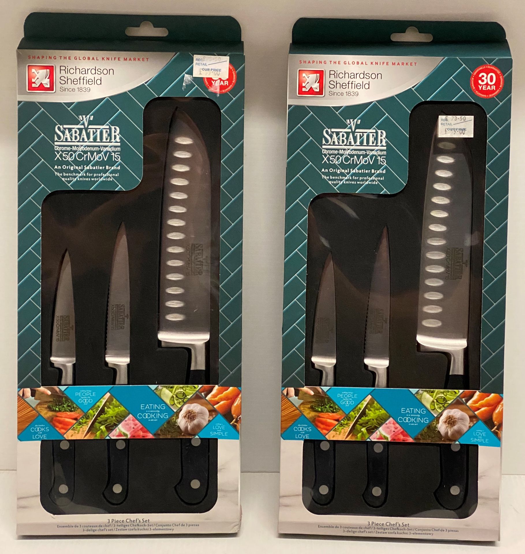 2 x Richardson Sheffield 'V' Sabatier X50 CrMoV 15 stainless steel 3 piece chef's knife sets RRP