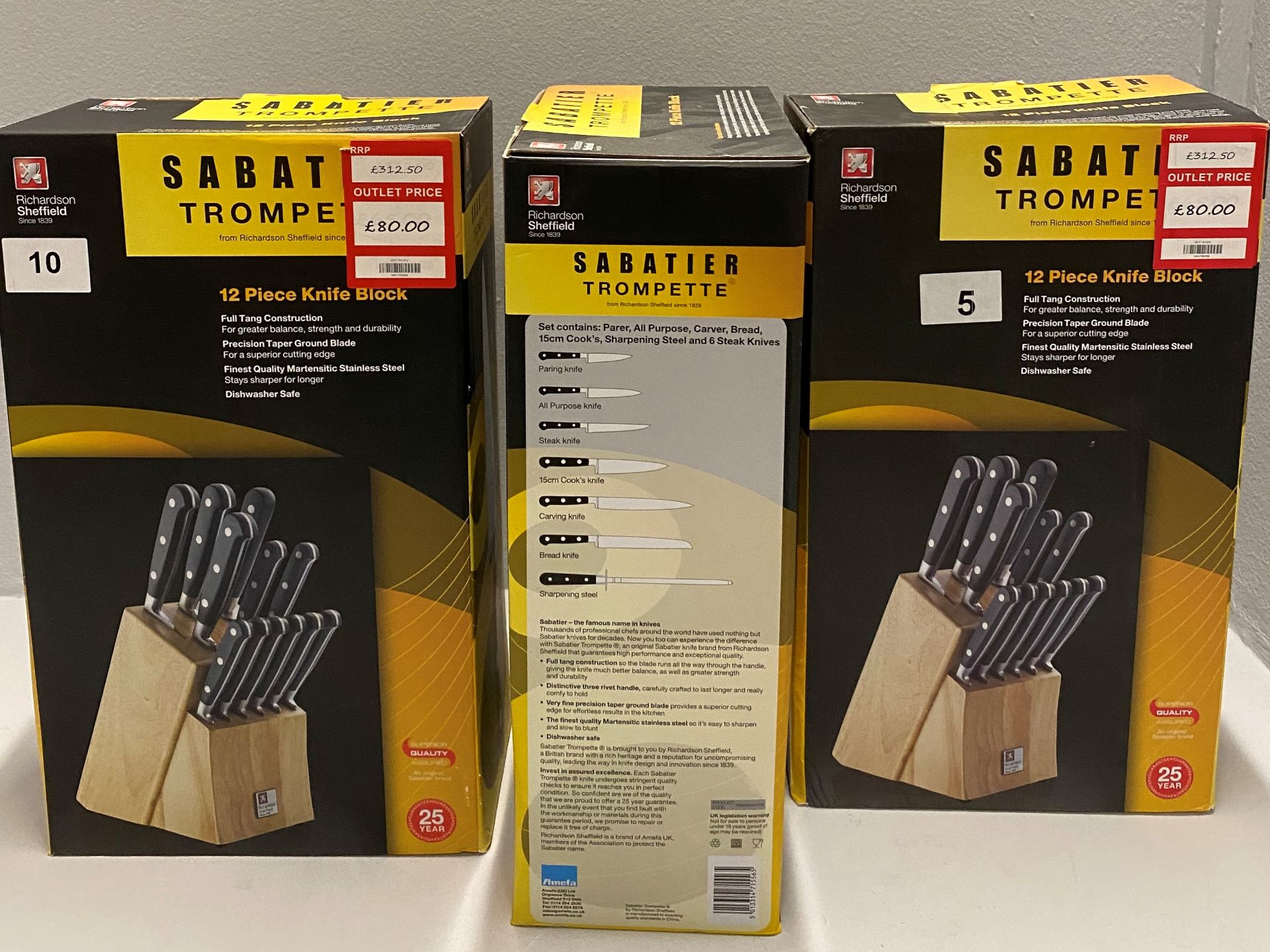 3 x Richardson Sheffield Sabatier Trompette stainless steel 5 piece knife block set RRP £79.