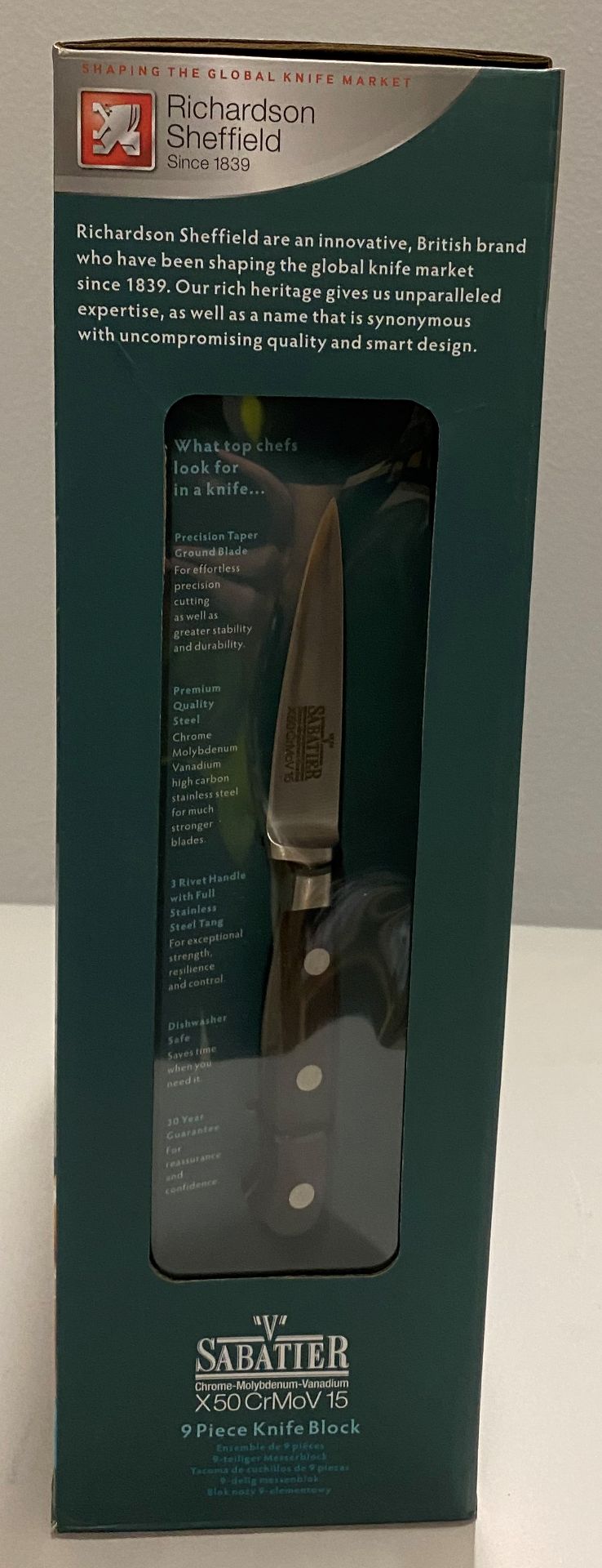 A Richardson Sheffield 'V' Sabatier X50 CrMoV 15 stainless steel 9 piece knife block set RRP £180. - Image 2 of 3