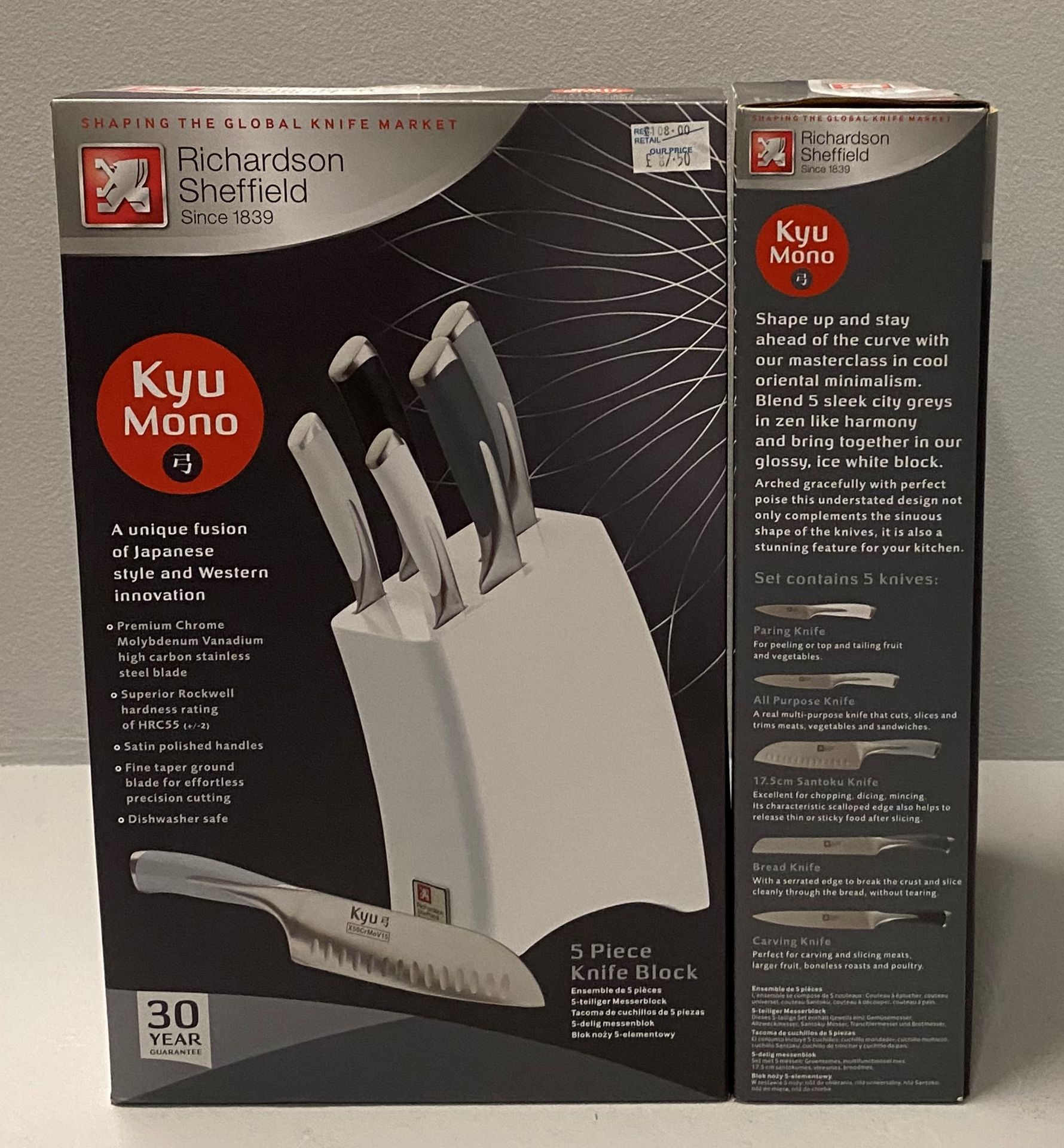 2 x Richardson Sheffield Kyu Mono 5 piece stainless steel knife block sets RRP £108.