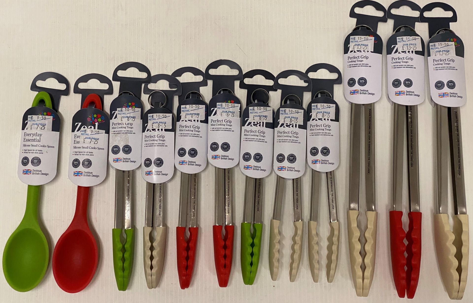 12 x Zeal kitchen accessories - Perfect grip tongs (RRP £15.50), mini tongs (RRP £10.