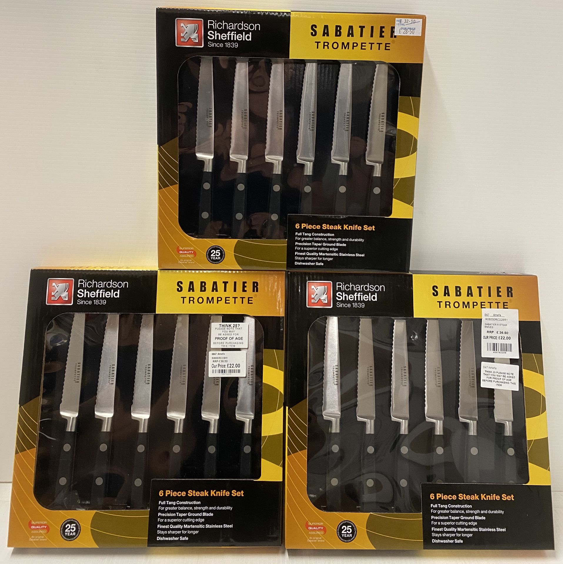 3 x Richardson Sheffield Sabatier Trompette 6 piece steak knife sets RRP £36.