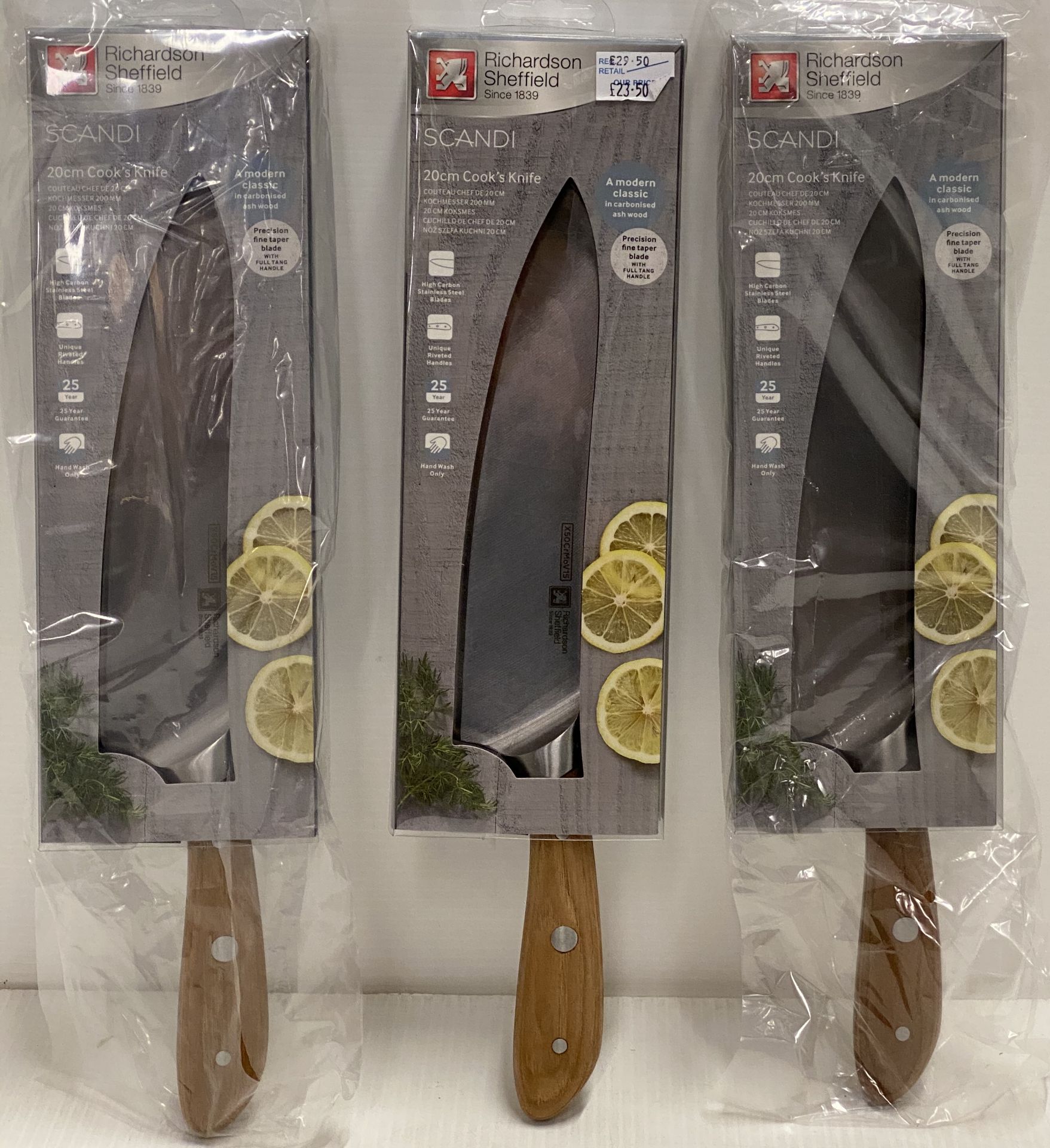 3 x Richardson Sheffield Scandi 20cm Cook's knives RRP £29.