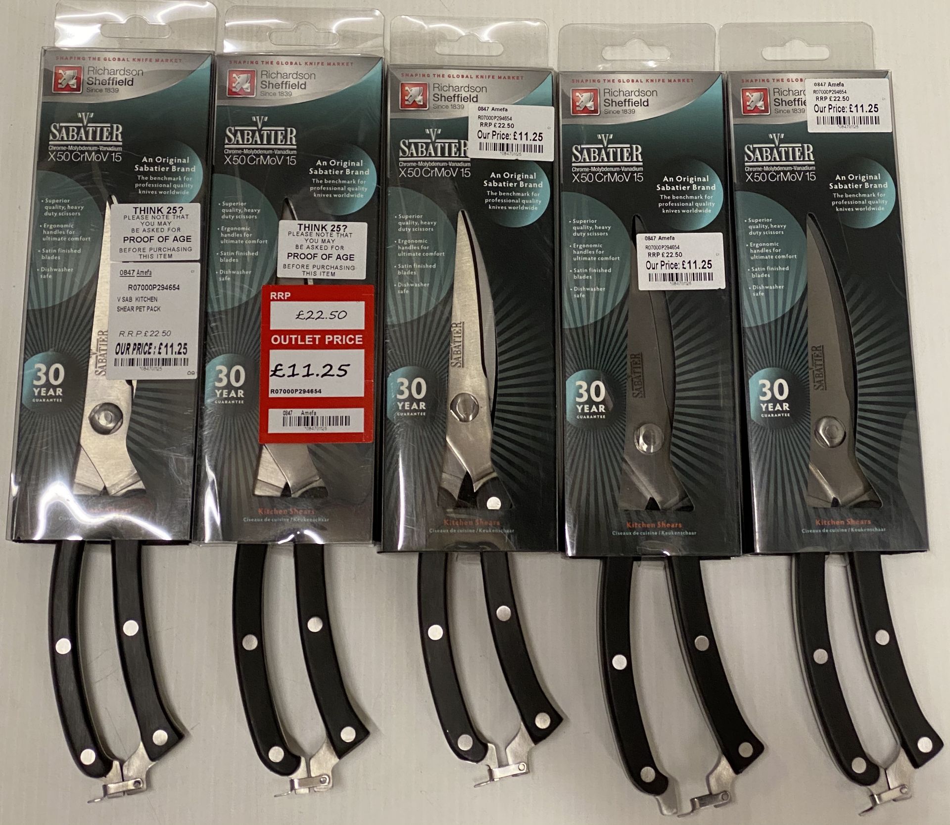 5 x Richardson Sheffield 'V' Sabatier X50 CrMoV 15 stainless steel kitchen shears RRP £22.