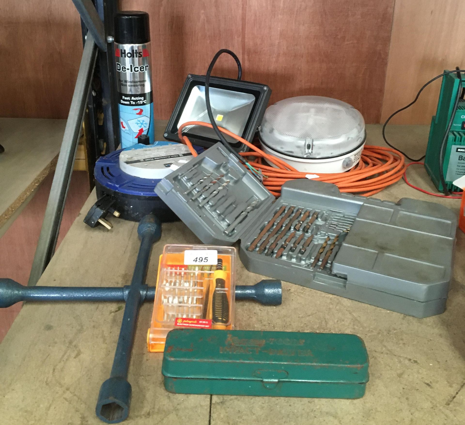 Contents to part of rack, Kamasa Tools impact driver, wheel brace, spotlight and bulkhead light,