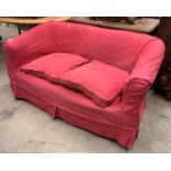 A green Moquette 1920s two seater settee with dark pink cloth cover
