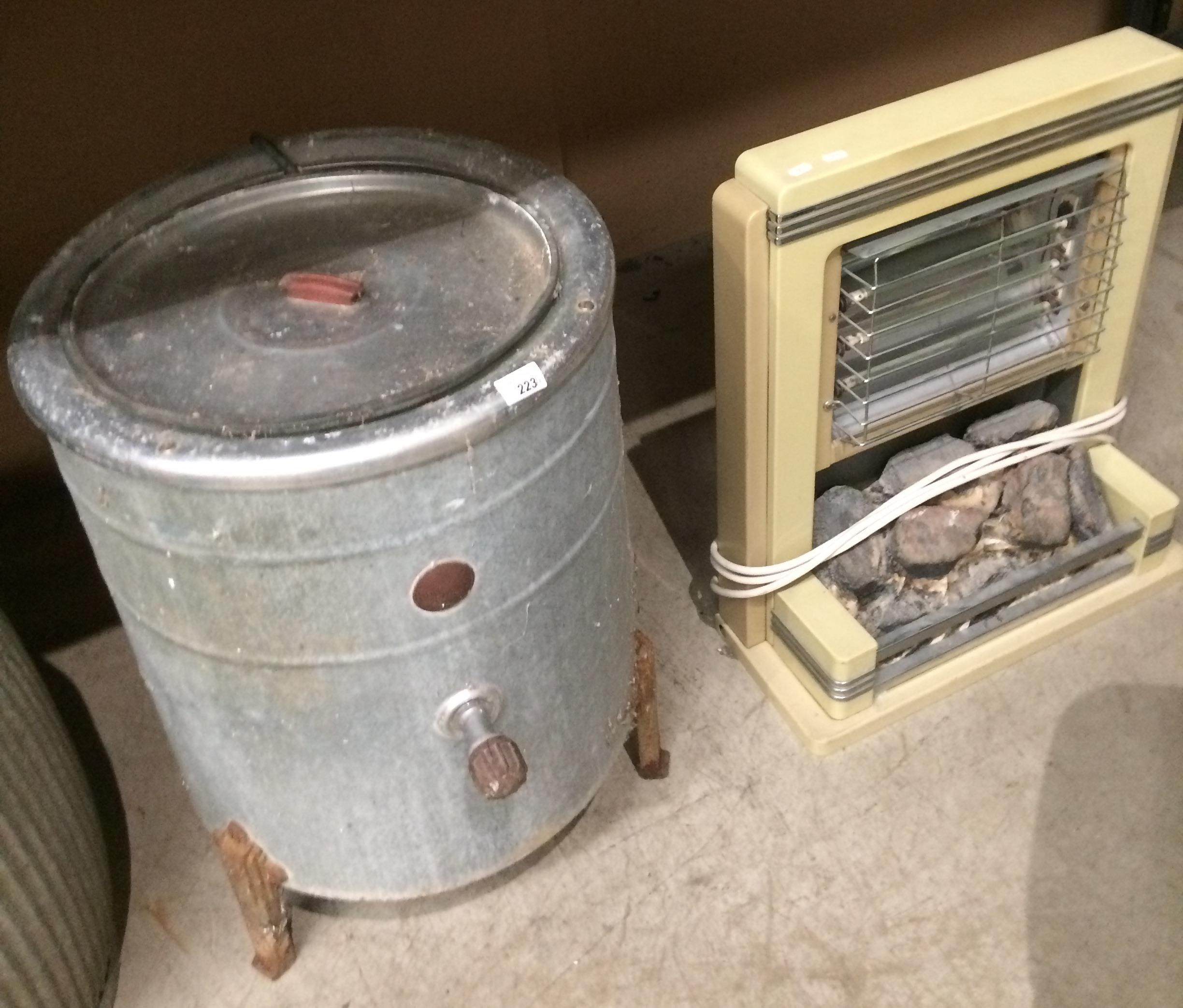 A Brunlec galvanised washing machine - plug cut off and a Belling & Co Ltd electric fire - plug cut