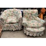 A tub armchair and a low easy armchair with white/green/red floral covers (2)