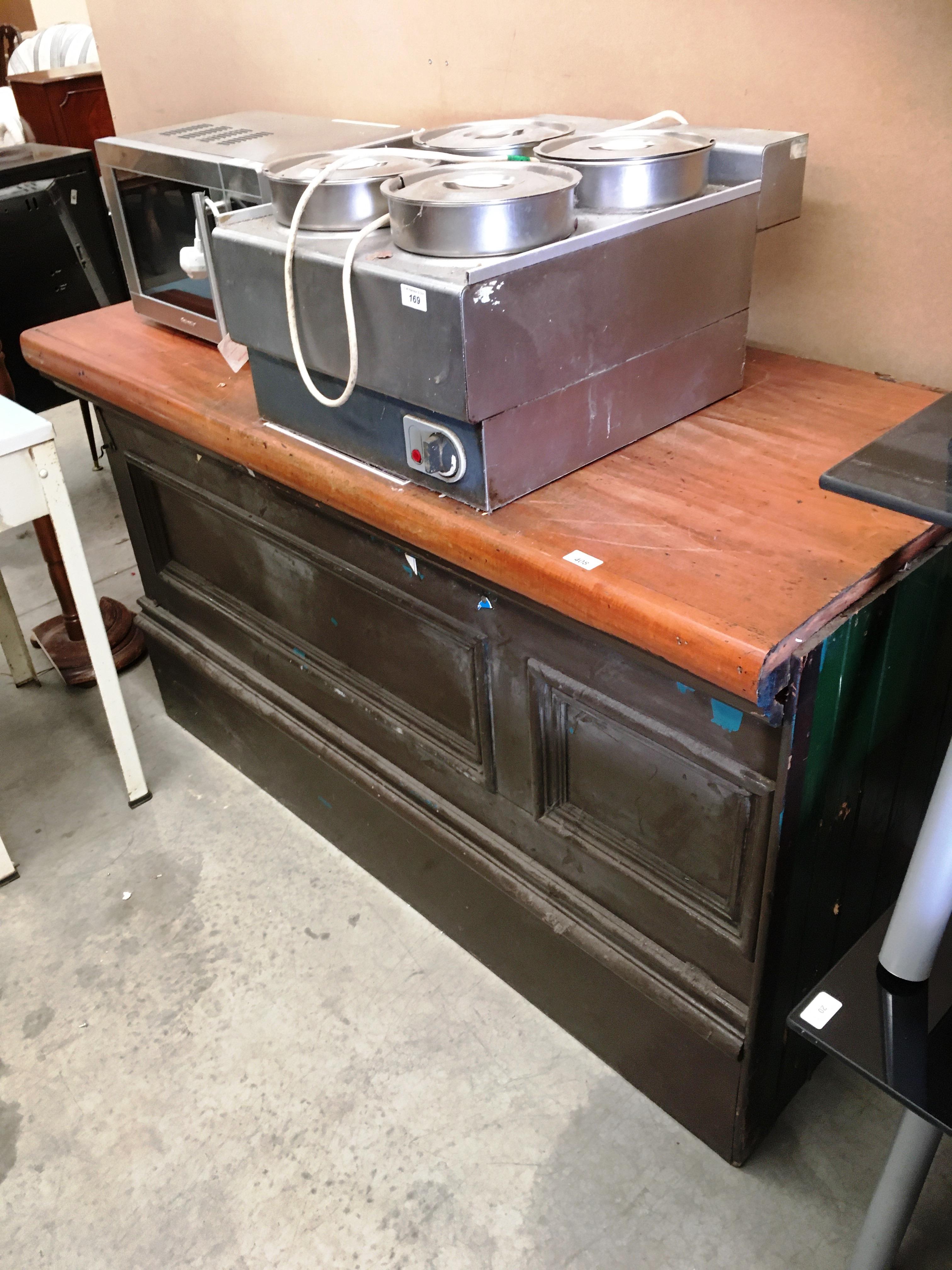 A painted pine counter with single drawer, with replacement top,