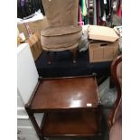 An oak two tier trolley and a brown upholstered easy chair [Please note - the upholstery in this