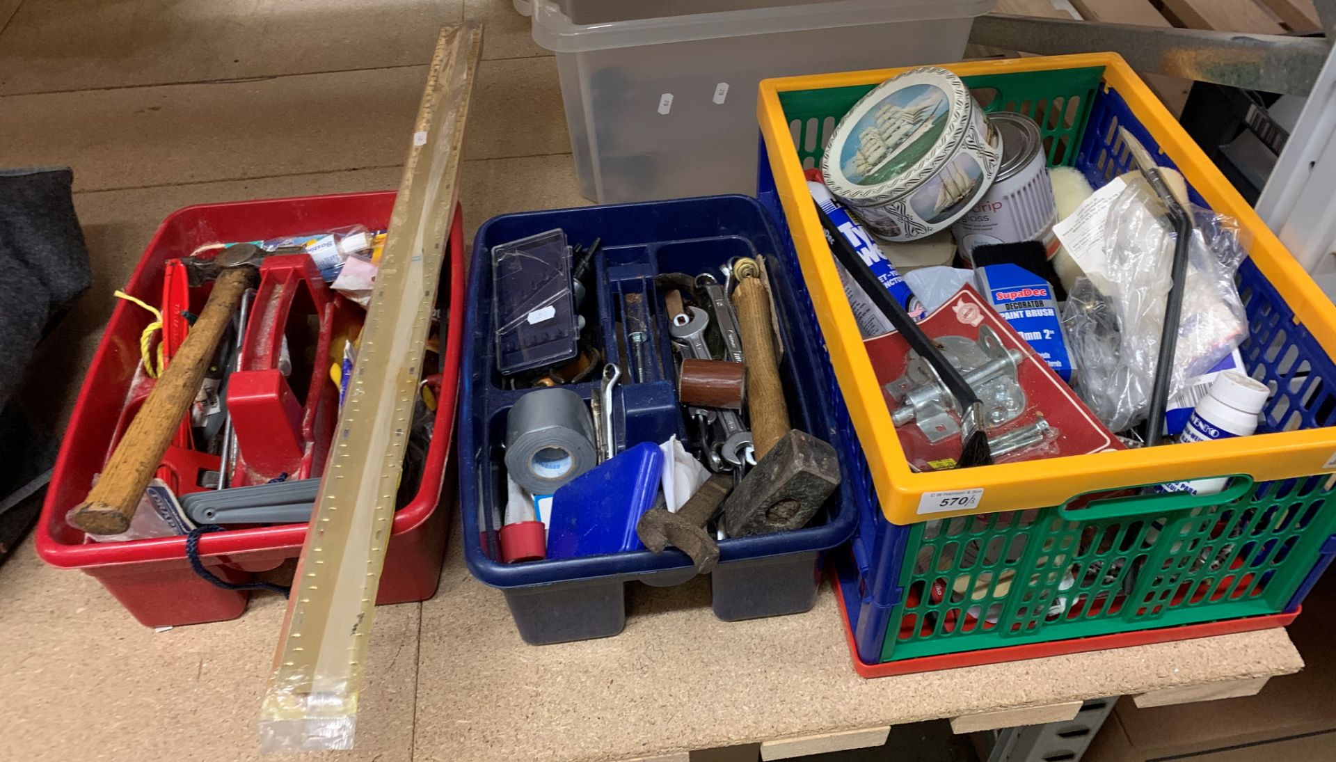 Contents to three plastic boxes and trays - assorted hand tols, paint brushes, consumables, etc.