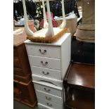 Two white laminate three drawer bedside cabinet and a mustard upholstered stool (3)