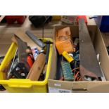 Contents to cardboard box and plastic box, assorted hand tools, BLack & Decker drill (flex cut off,