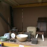 Contents to part of rack - vintage kitchenalia - enamel bread bin, stool, scales, bowls etc.